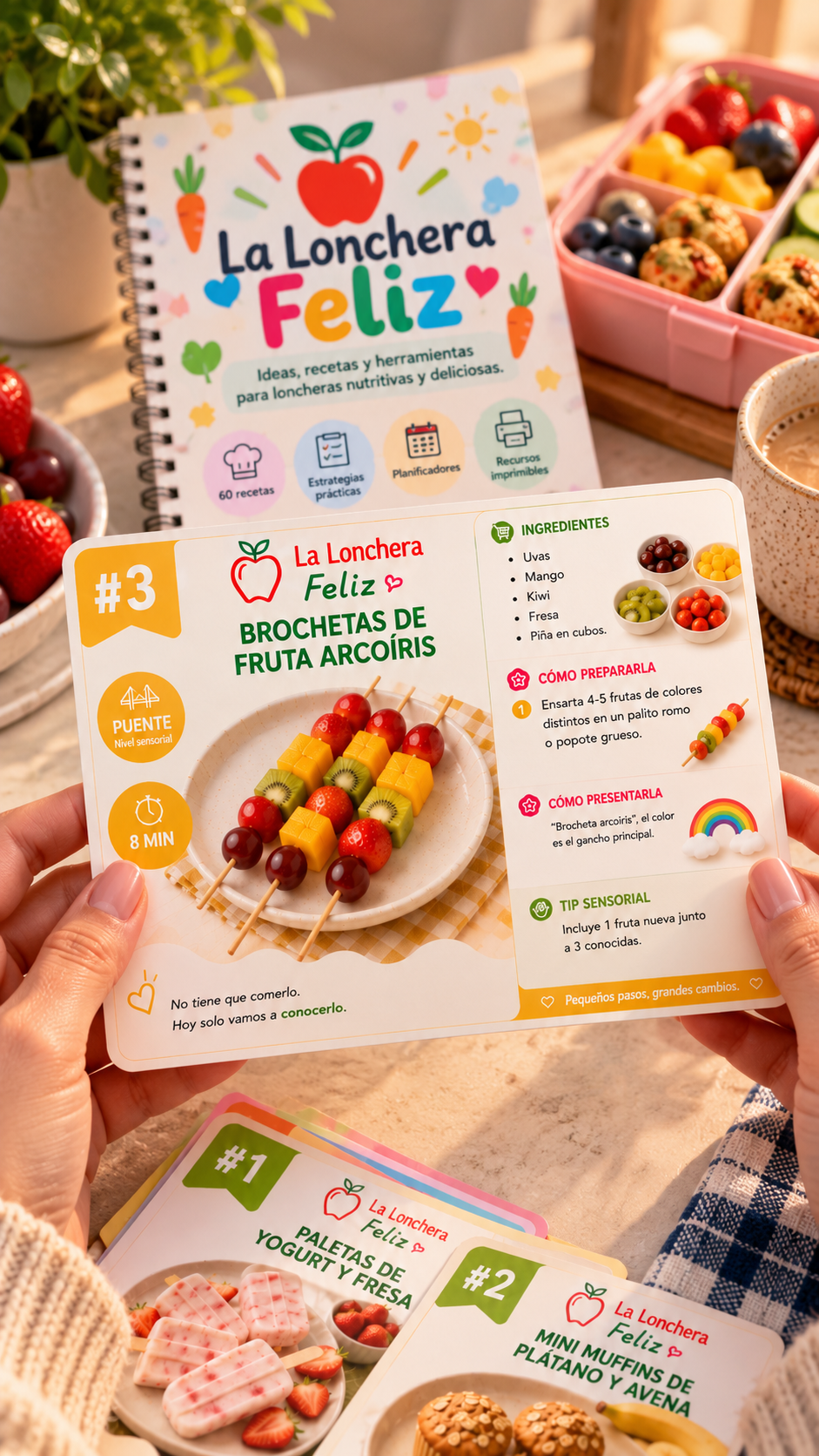 Tarjetas reales de recetas de La Lonchera Feliz con ingredientes, preparación, presentación y tip sensorial