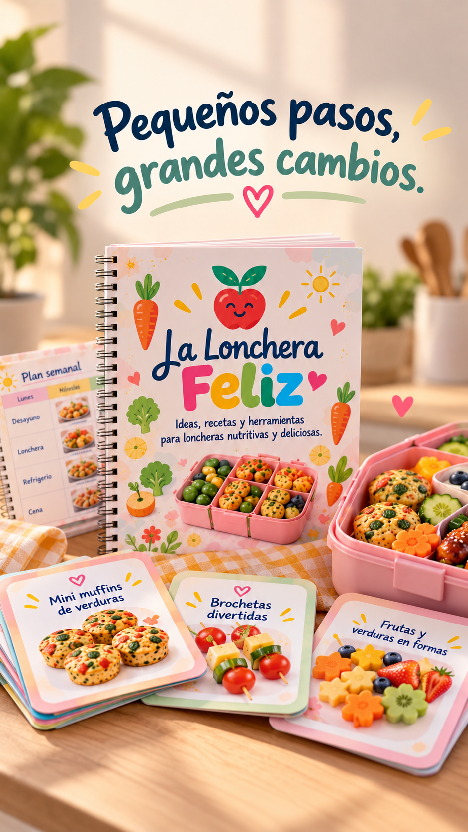Producto completo La Lonchera Feliz con guía, plan semanal, lonchera y tarjetas de recetas