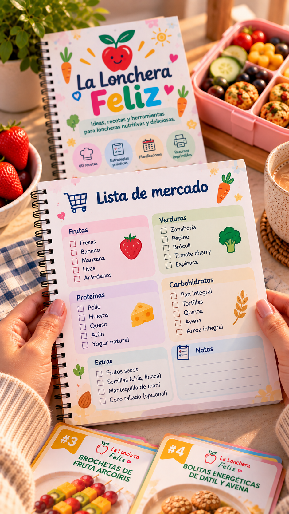 Lista de mercado descargable de La Lonchera Feliz junto a tarjetas de recetas
